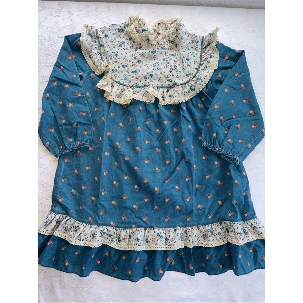 VTG Teal Floral Lace Trim Long Sleeve Prairie Dress Size 6x Made USA Caryn Lynn